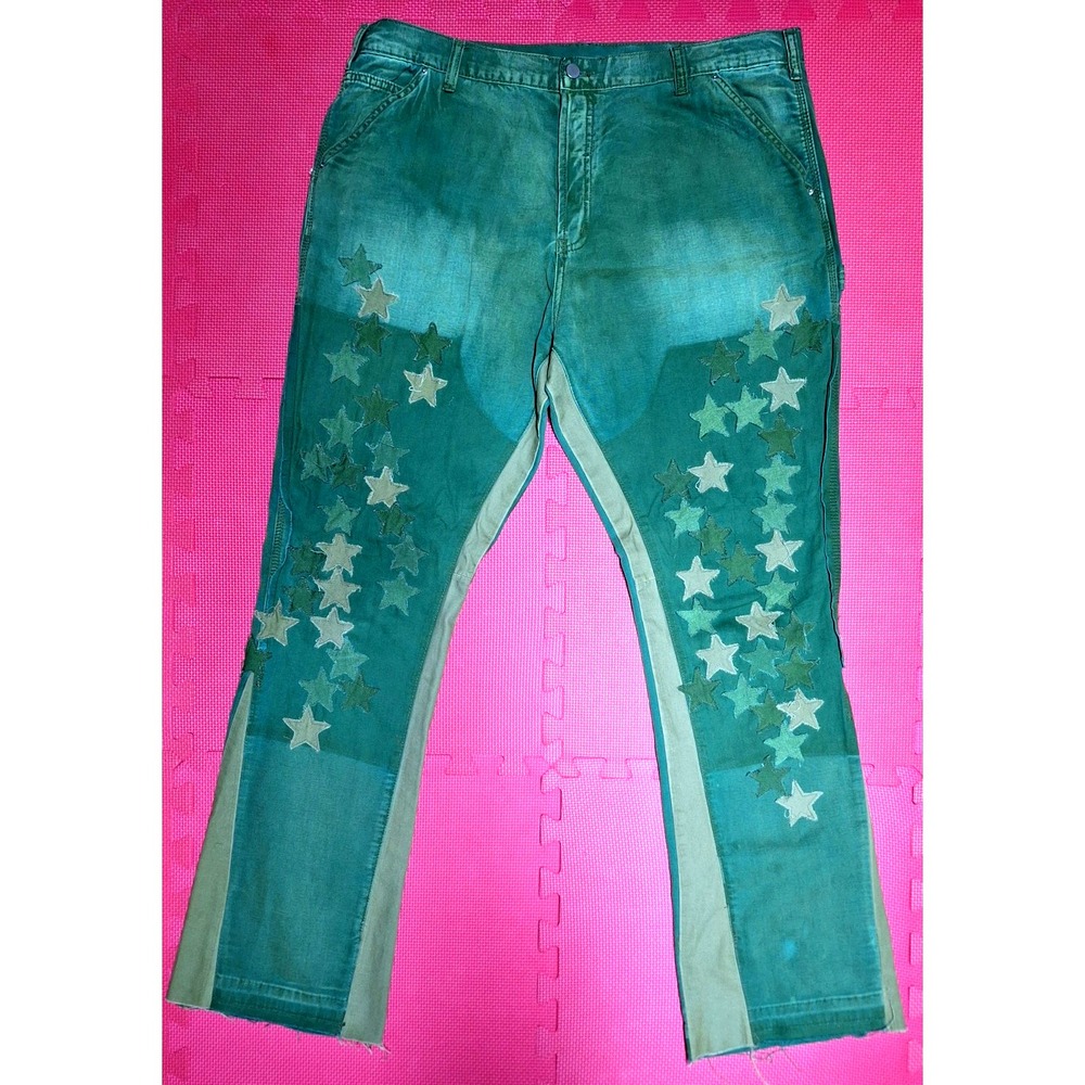 Mnml Army Green Star Flare Jeans Cotton Disstressed Pants Patchwork Size 40 Men